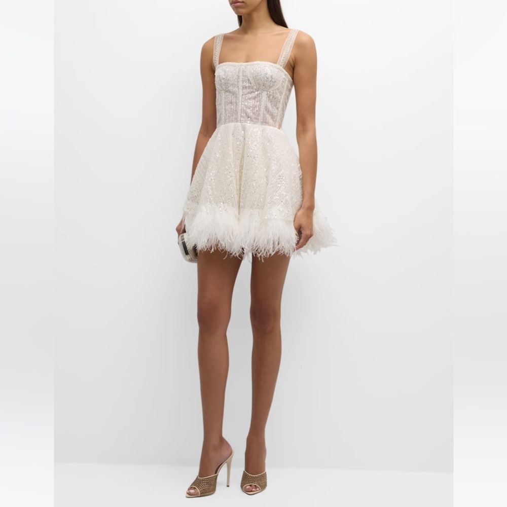Bronx and Banco Ivory Embellished Feather Hem Mini Dress